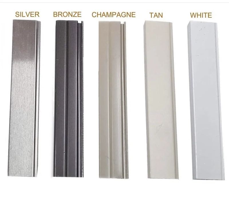 Five aluminium frame finishes side by side: silver, bronze, champagne, tan and white